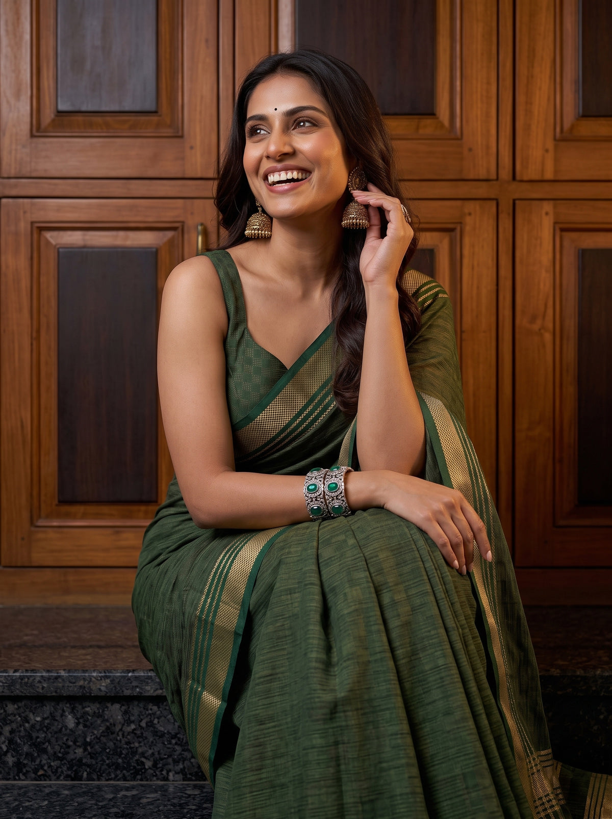 MIMOSA Bottle Green Mysore Silk Crepe Saree — pose 10 styling detail