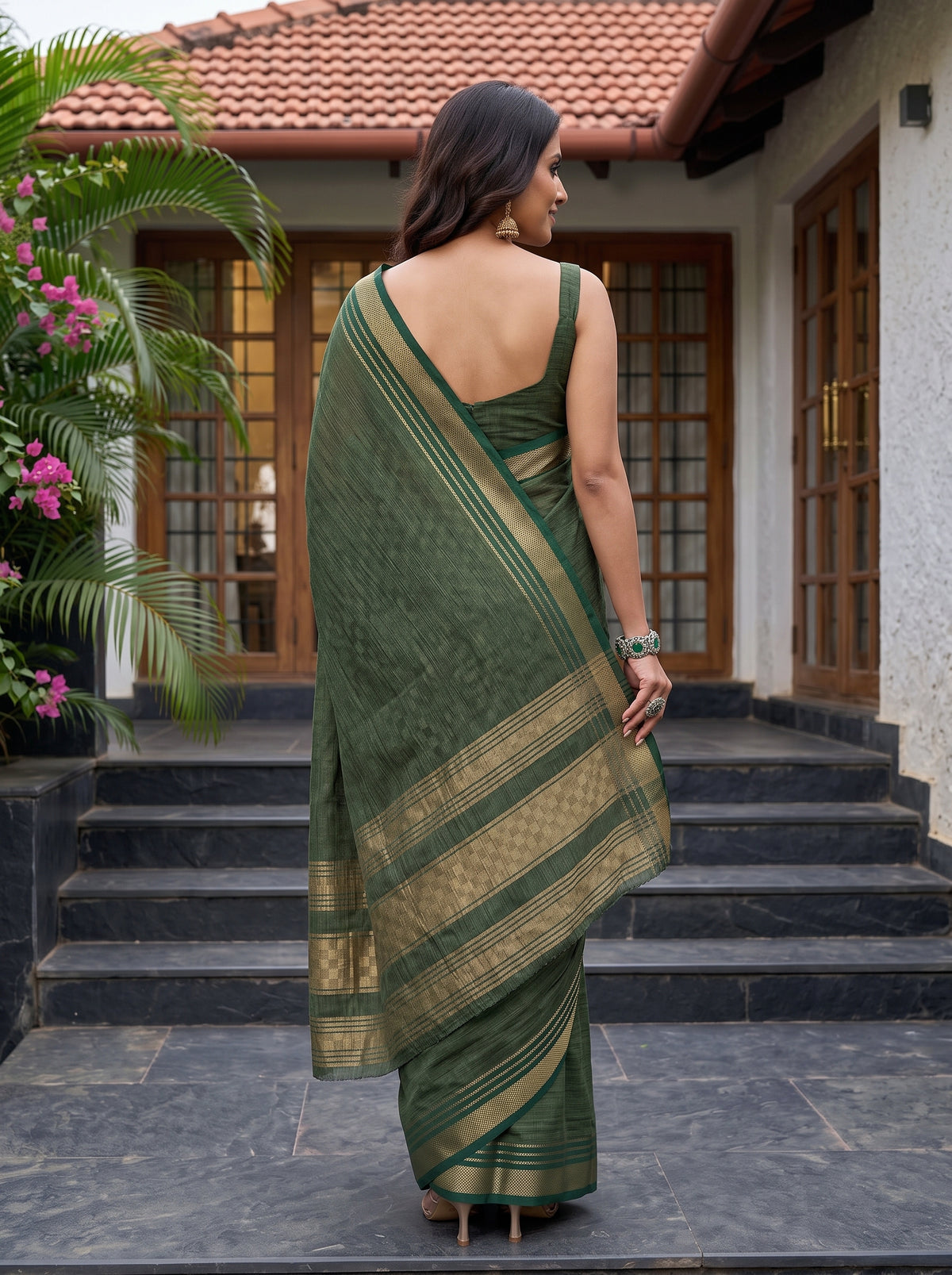 MIMOSA Bottle Green Mysore Silk Crepe Saree — Saree shot with pallu and body detail