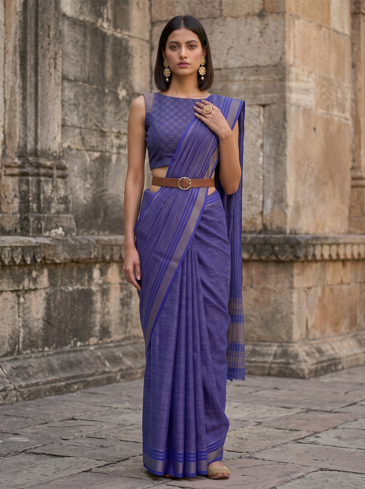 MIMOSA Royal Blue Mysore Silk Crepe Saree — pose 10 styling detail
