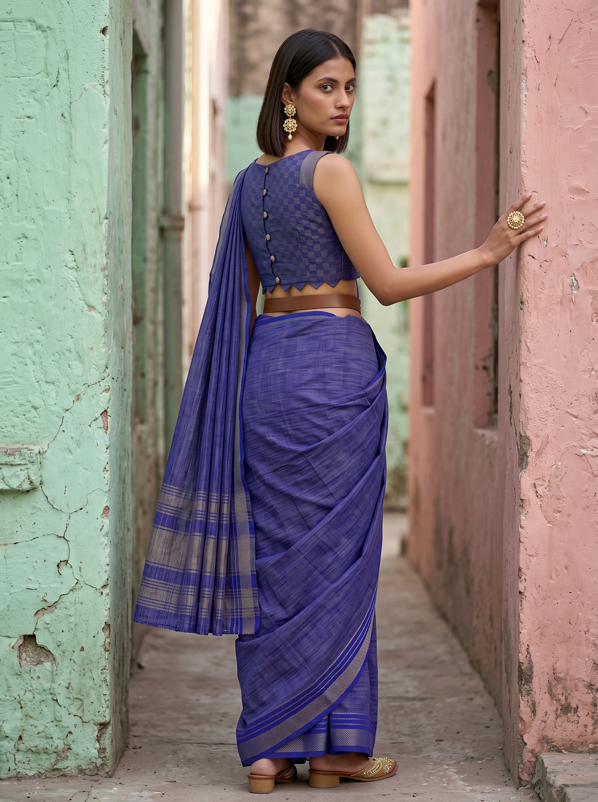 MIMOSA Royal Blue Mysore Silk Crepe Saree — pose 7 styling detail