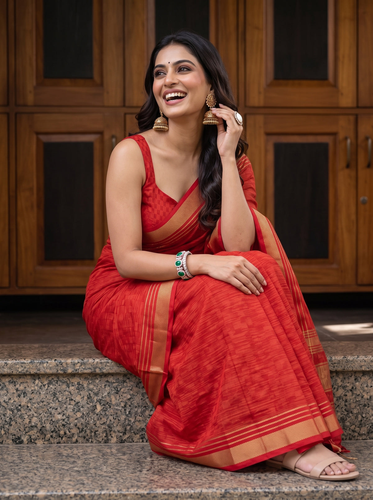 MIMOSA Red Mysore Silk Crepe Saree — pose 10 styling detail