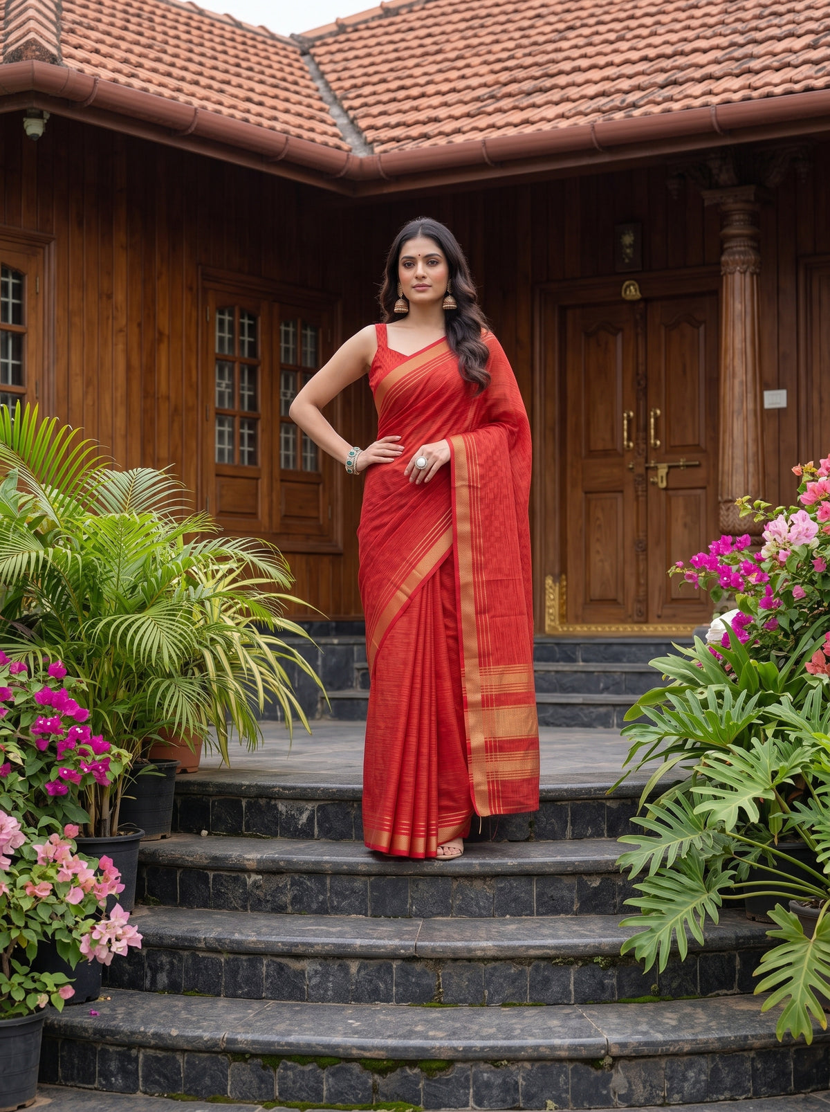 MIMOSA Red Mysore Silk Crepe Saree — pose 4 styling detail