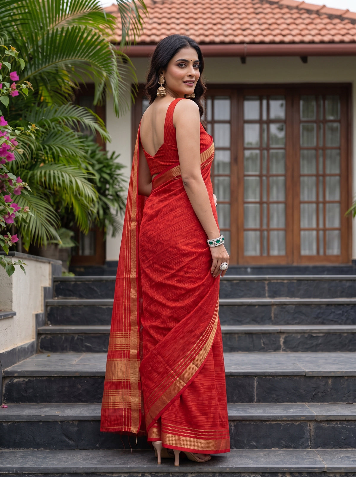 MIMOSA Red Mysore Silk Crepe Saree — pose 7 styling detail
