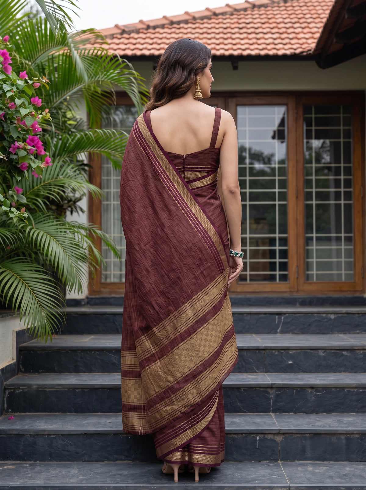 MIMOSA Wine Mysore Silk Crepe Saree — Saree shot with pallu and body detail