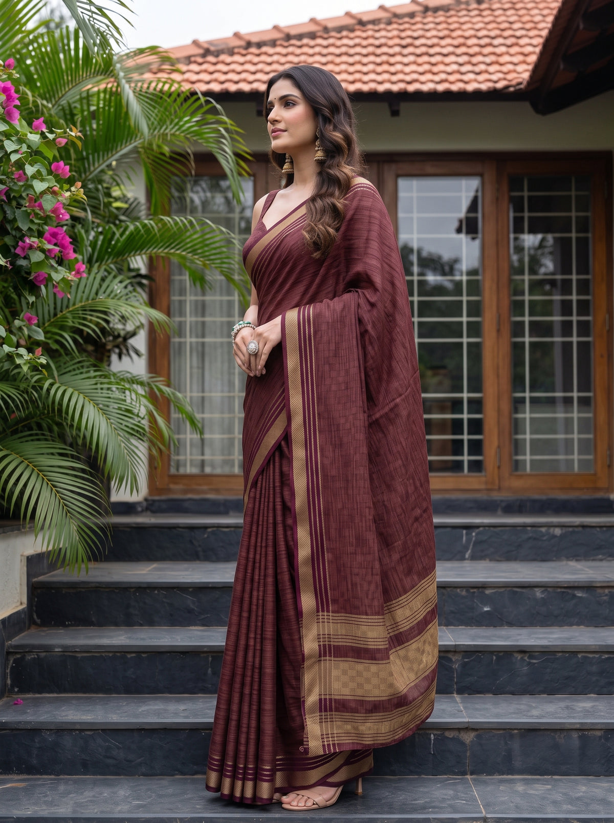 MIMOSA Wine Mysore Silk Crepe Saree — pose 3 styling detail