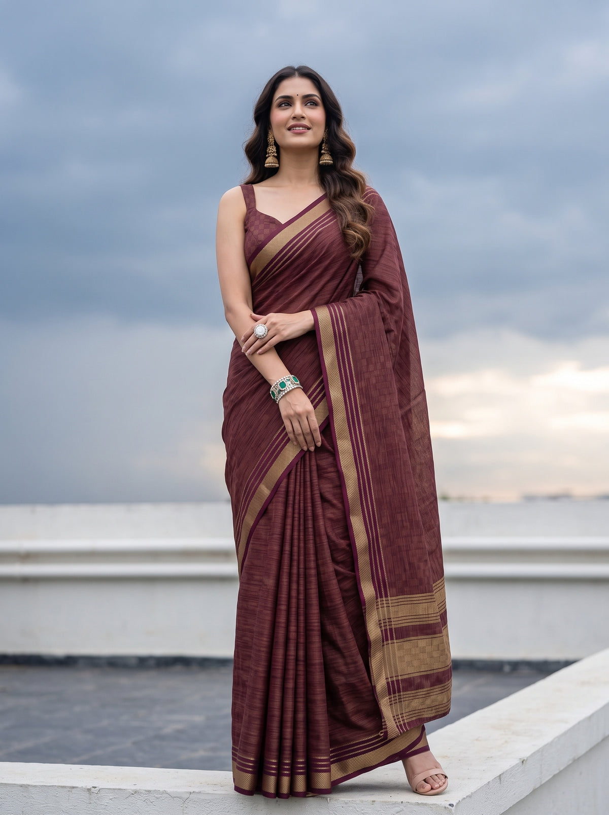 MIMOSA Wine Mysore Silk Crepe Saree — pose 5 styling detail