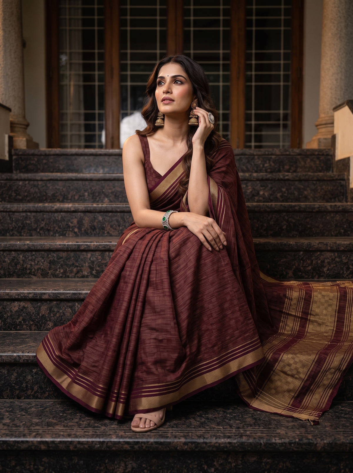 MIMOSA Wine Mysore Silk Crepe Saree — pose 8 styling detail