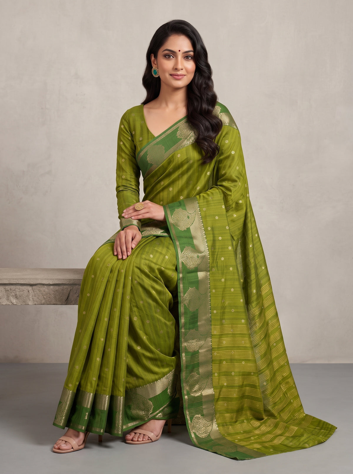 MIMOSA Olive Banarasi Saree — pose 8 styling detail