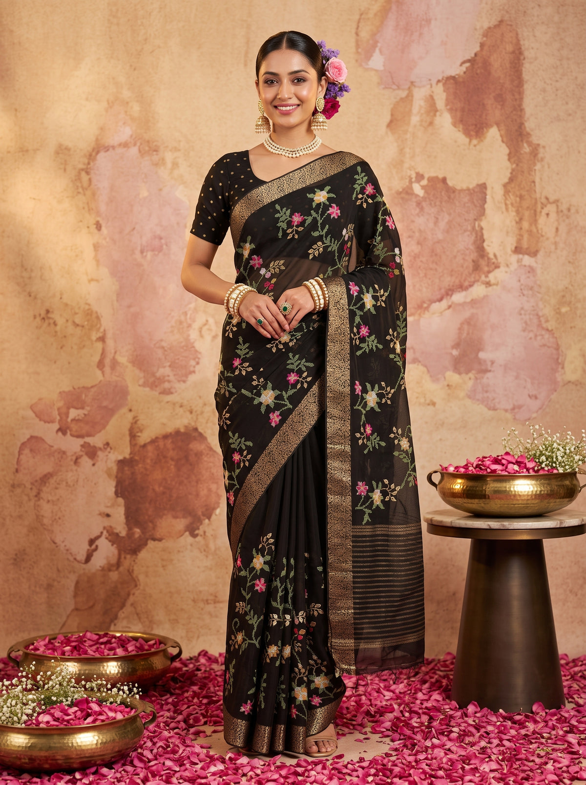 MIMOSA Black Jaipur Pure Viscose Chiffon Saree — AI Model lifestyle