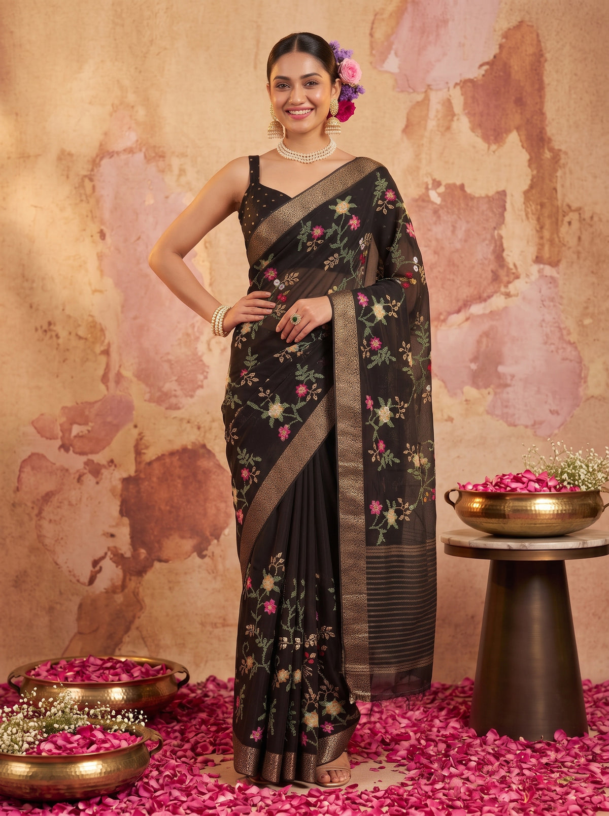 MIMOSA Black Jaipur Saree — pose 4 styling detail