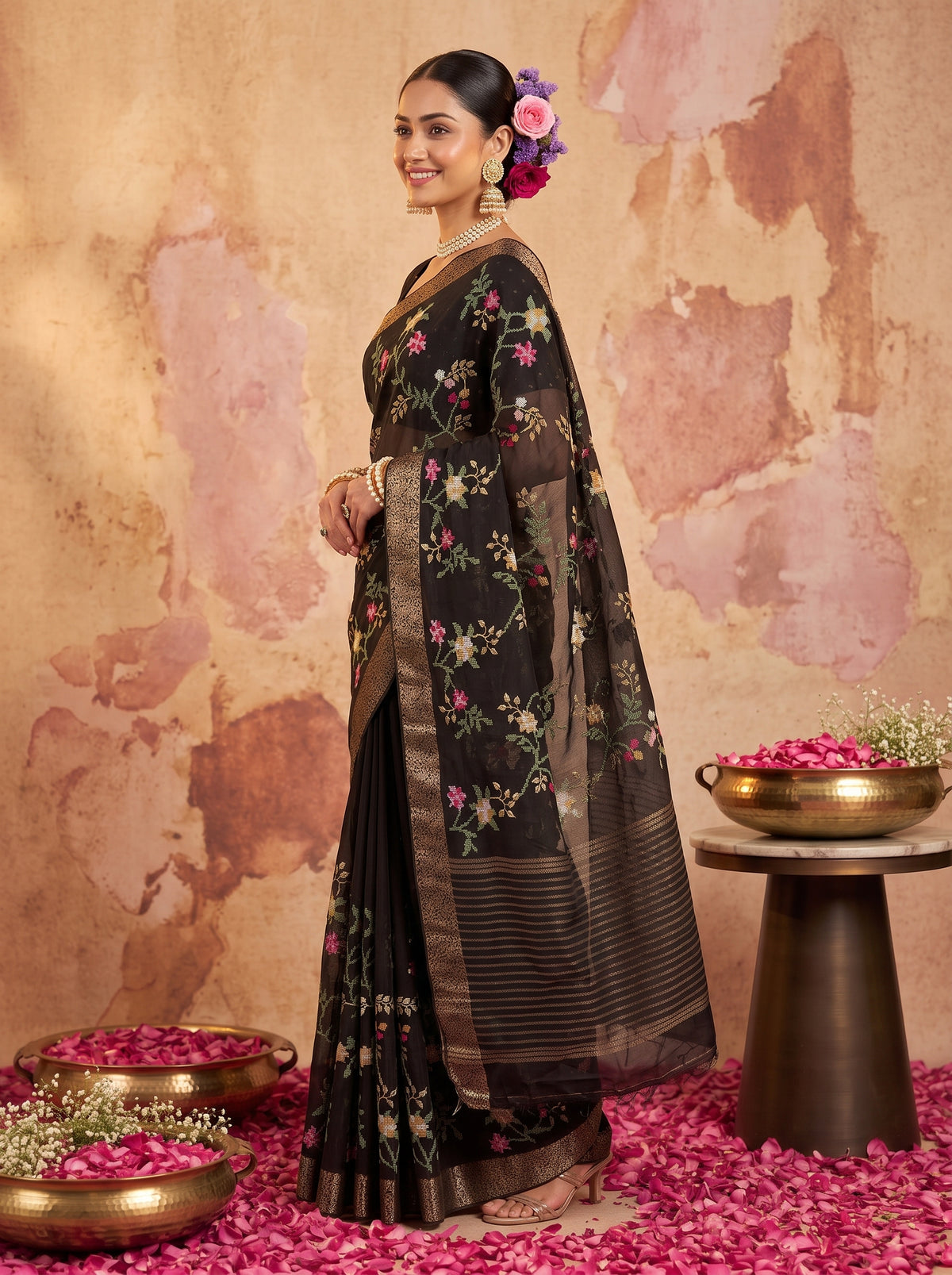 MIMOSA Black Jaipur Saree — pose 5 styling detail