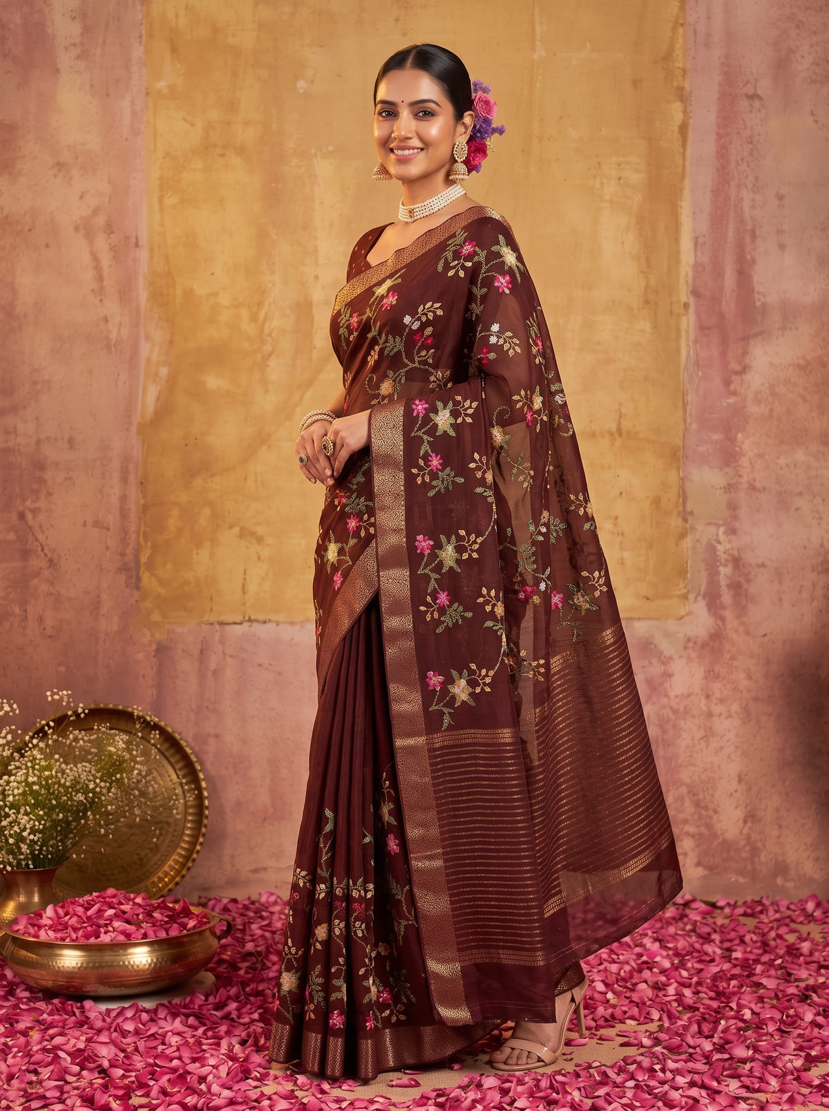 MIMOSA Chocolate Jaipur Saree — pose 5 styling detail