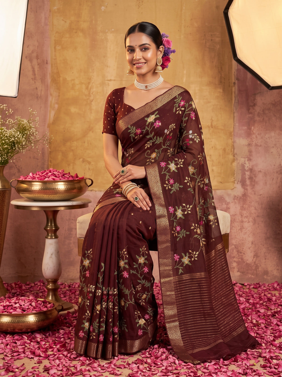 MIMOSA Chocolate Jaipur Saree — pose 8 styling detail