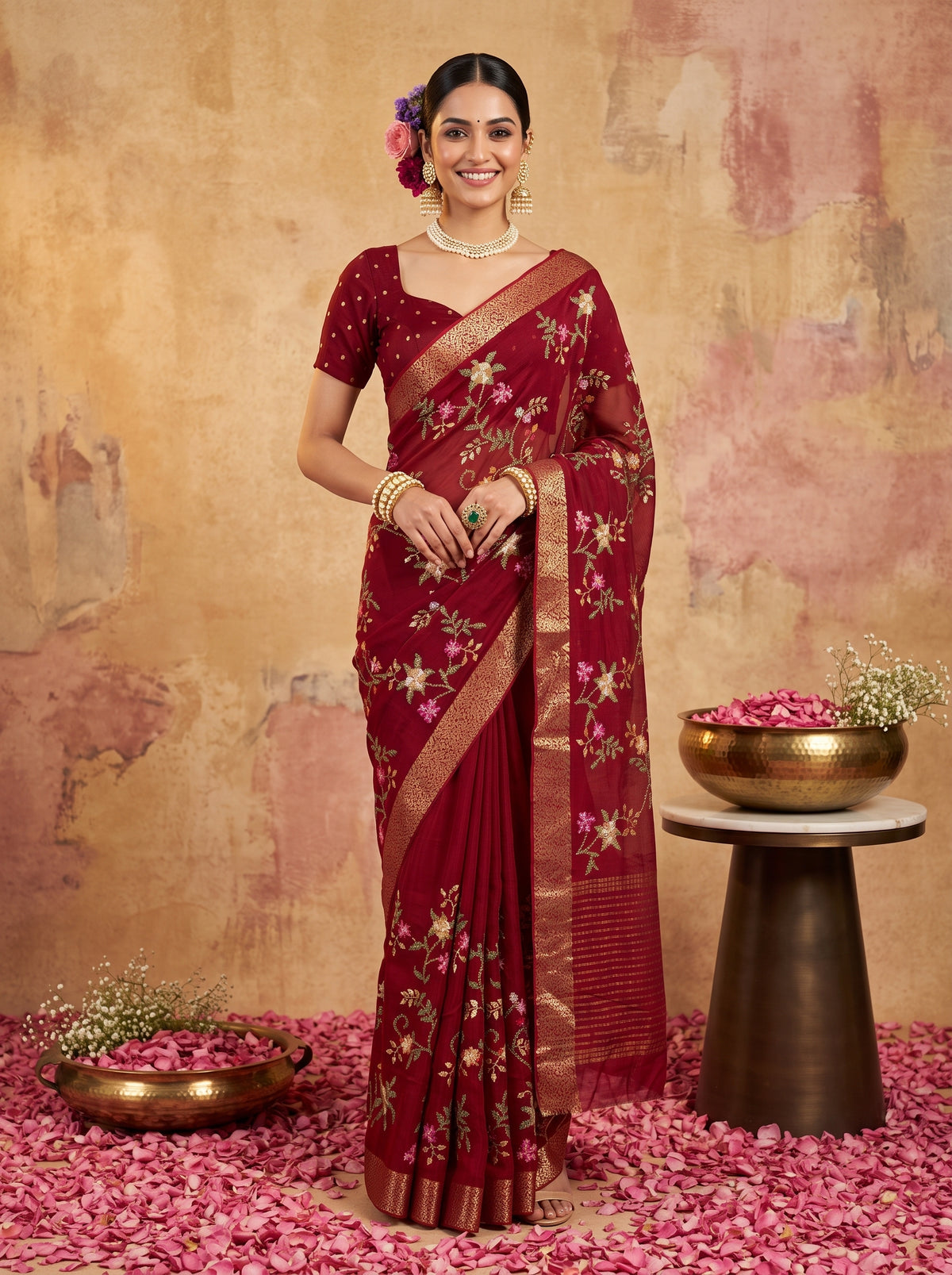 MIMOSA Maroon Jaipur Pure Viscose Chiffon Saree — AI Model lifestyle