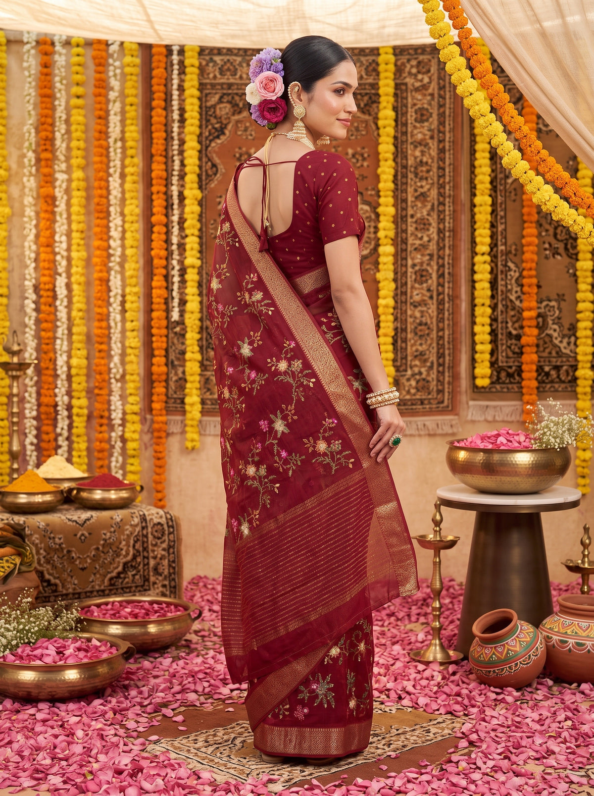 MIMOSA Maroon Jaipur Saree — pose 5 styling detail