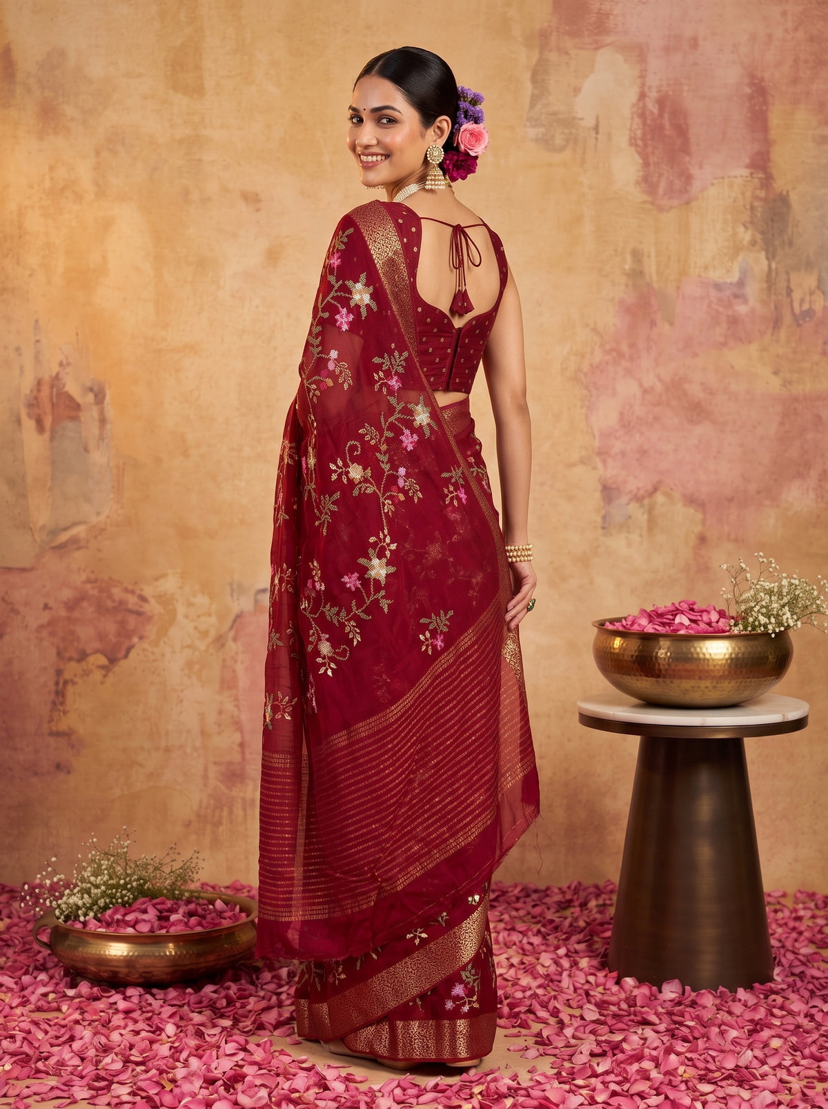 MIMOSA Maroon Jaipur Saree — pose 7 styling detail