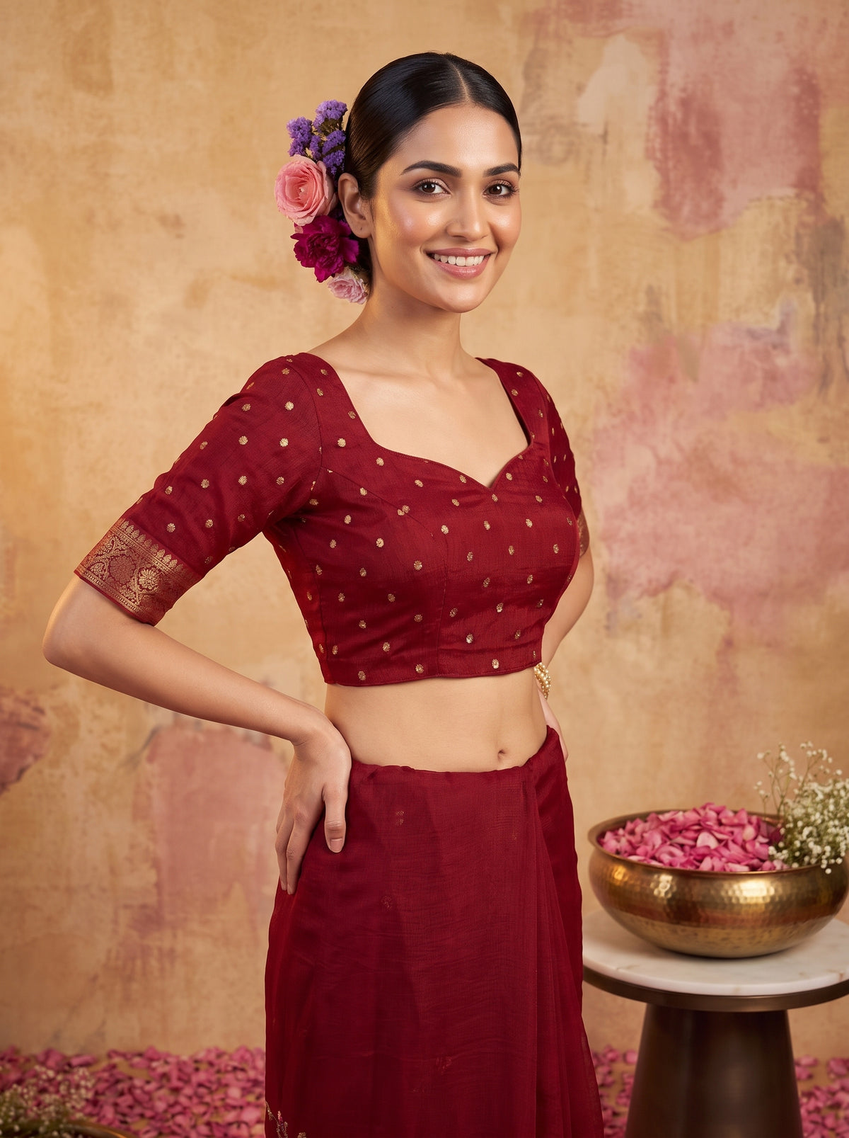 MIMOSA Maroon Jaipur Saree — blouse close-up