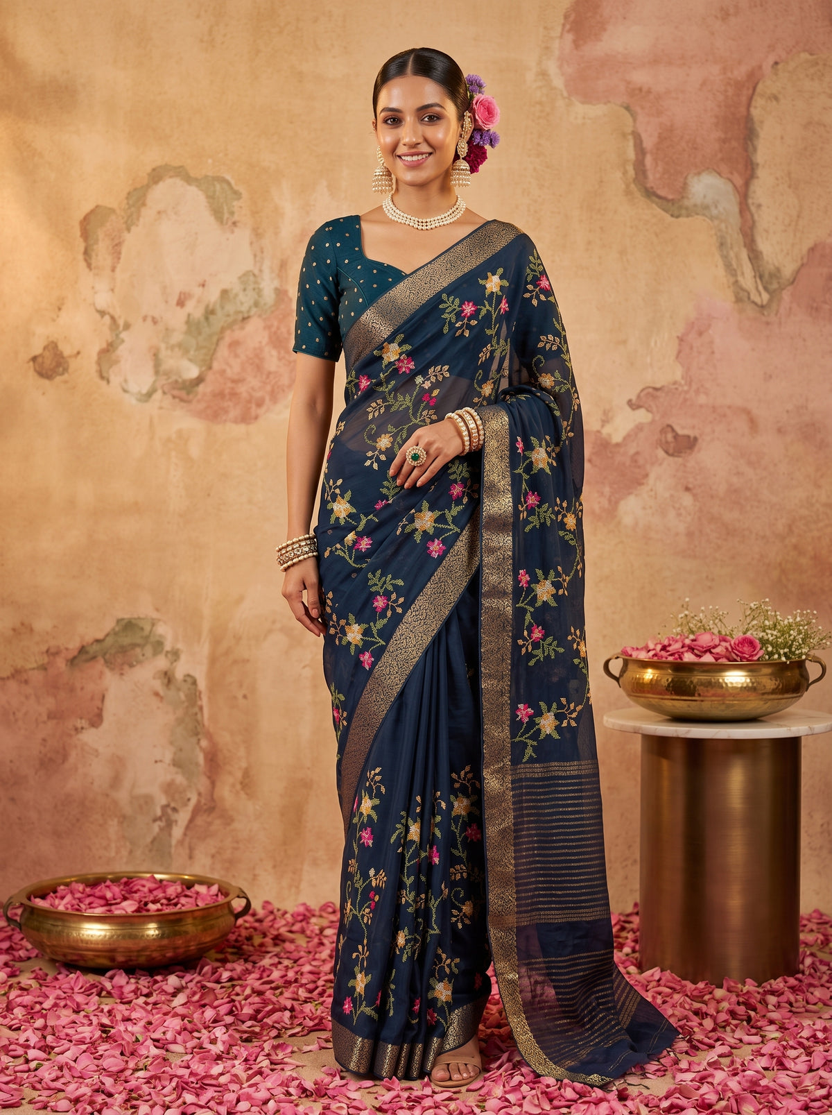MIMOSA Navy Jaipur Pure Viscose Chiffon Saree — AI Model lifestyle