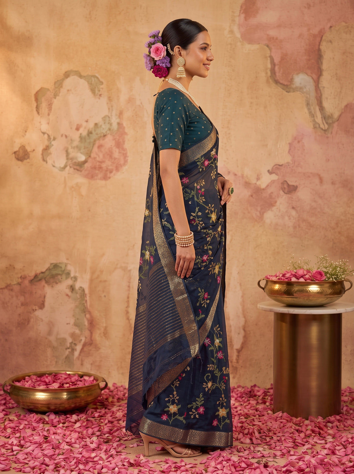 MIMOSA Navy Jaipur Saree — pose 3 styling detail
