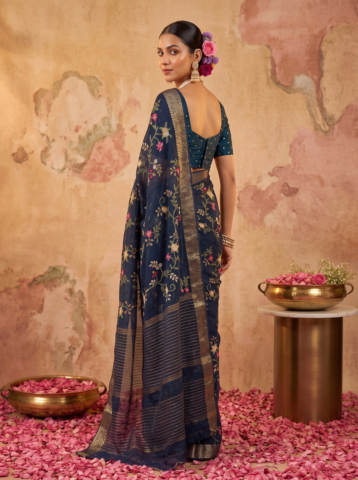 MIMOSA Navy Jaipur Saree — pose 7 styling detail