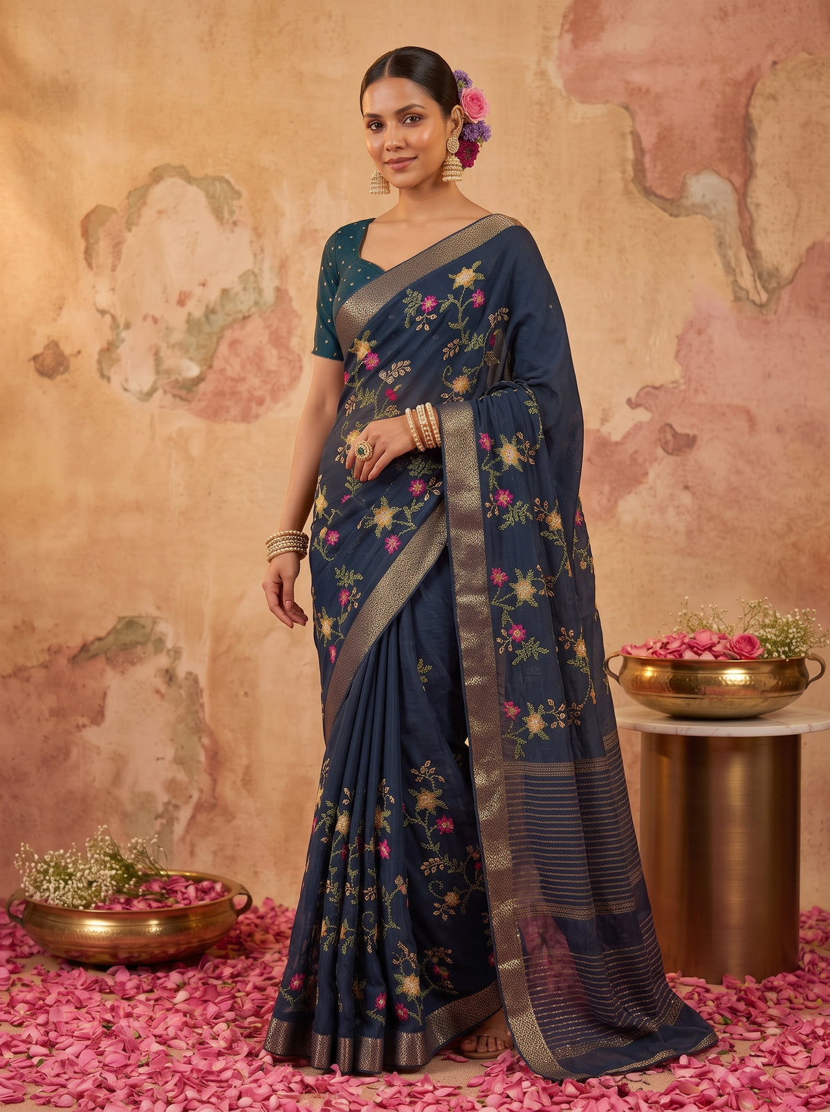 MIMOSA Navy Jaipur Saree — pose 9 styling detail