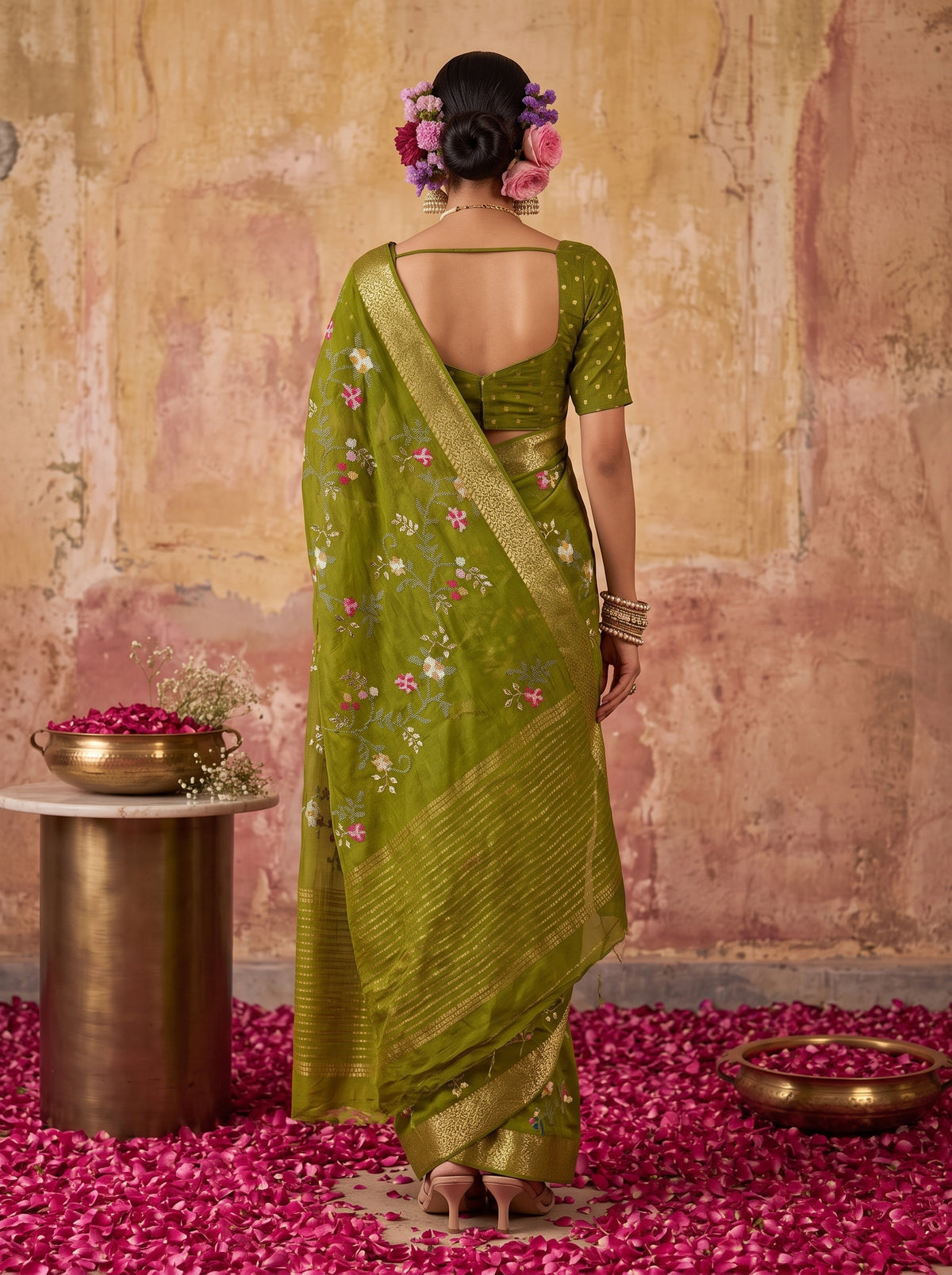 MIMOSA Olive Jaipur Pure Viscose Chiffon Saree — Saree shot pallu + body