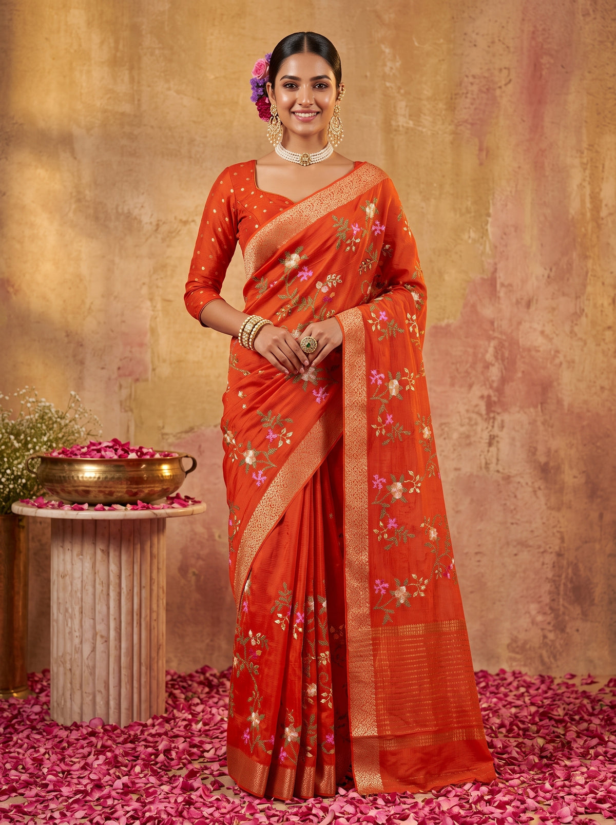 MIMOSA Orange Jaipur Pure Viscose Chiffon Saree — AI Model lifestyle