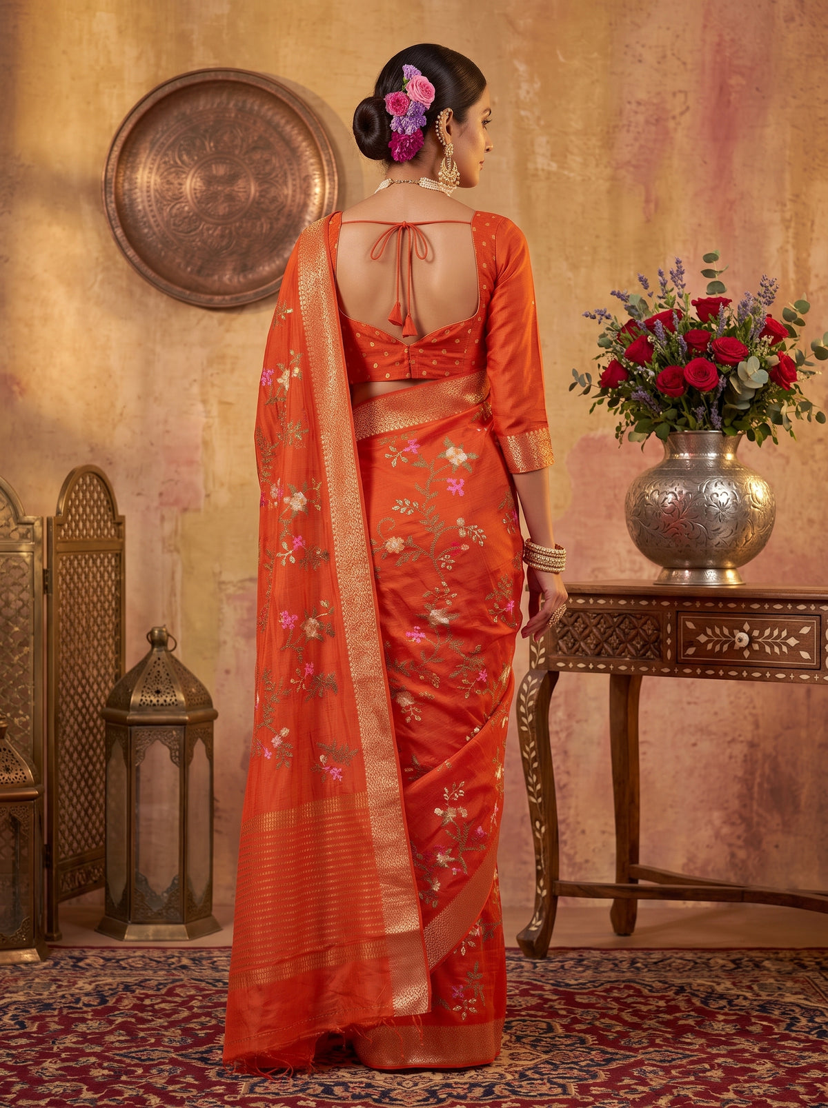 MIMOSA Orange Jaipur Pure Viscose Chiffon Saree — Saree shot pallu + body
