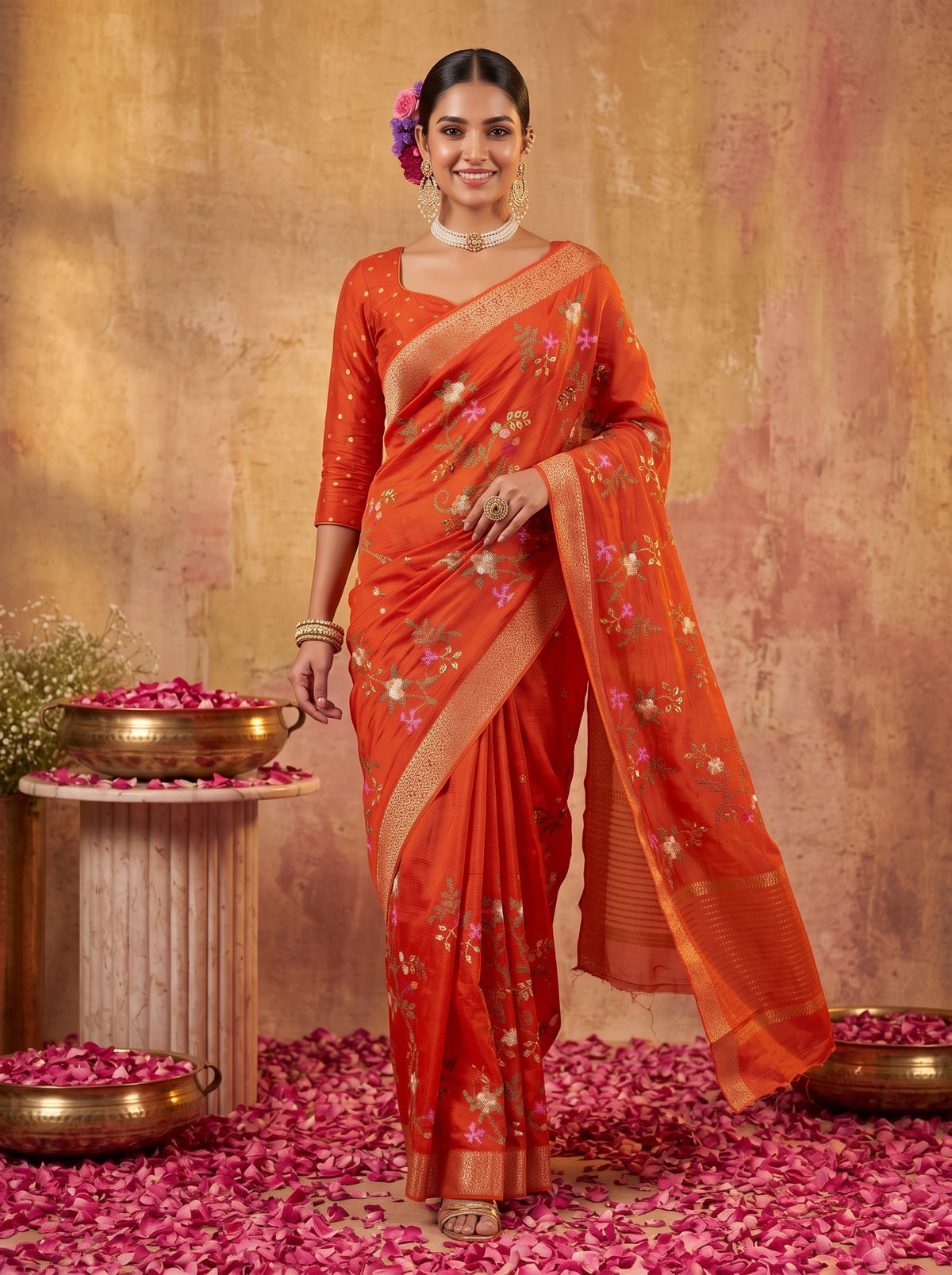 MIMOSA Orange Jaipur Saree — pose 6 styling detail