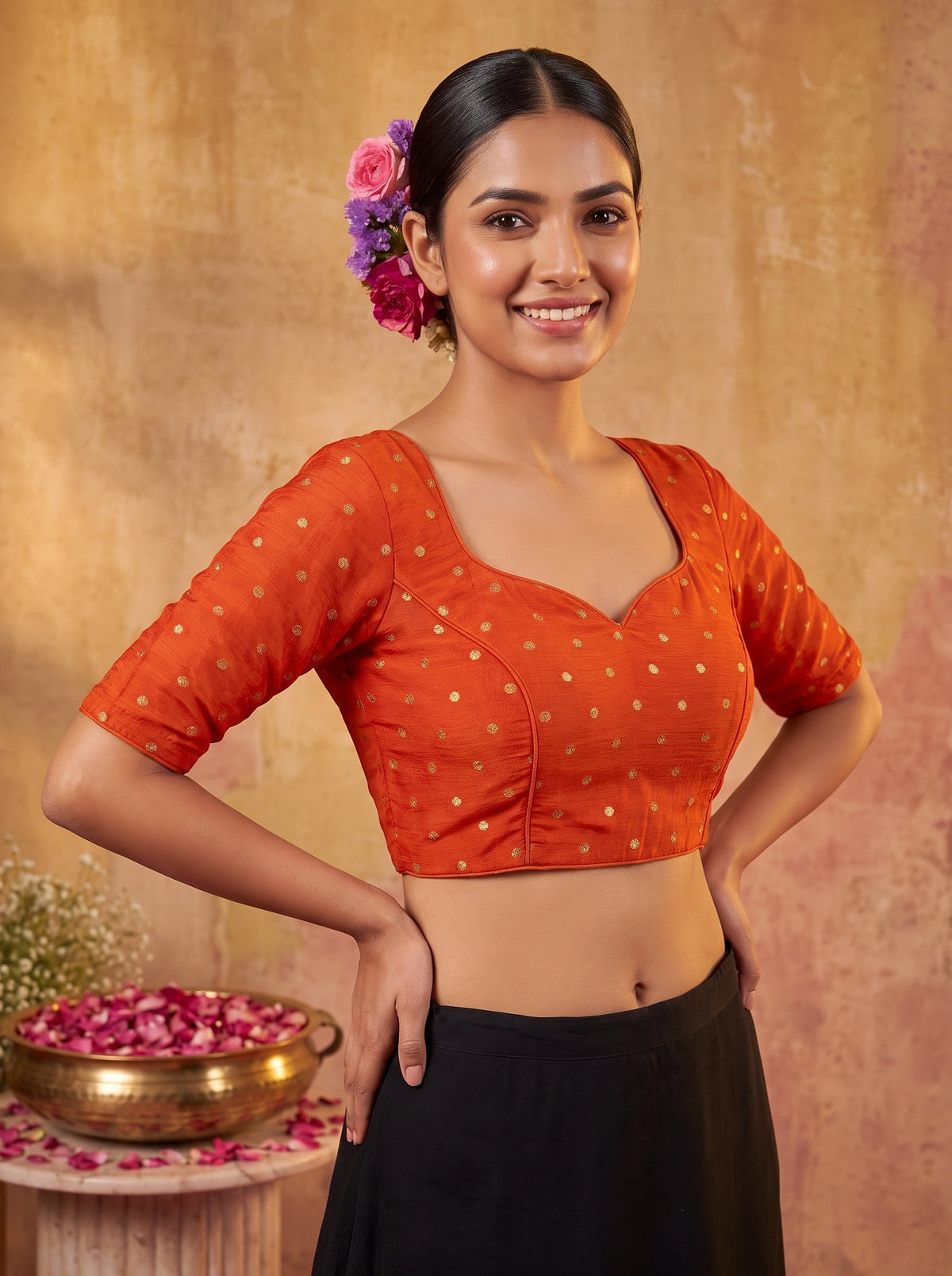 MIMOSA Orange Jaipur Saree — blouse close-up