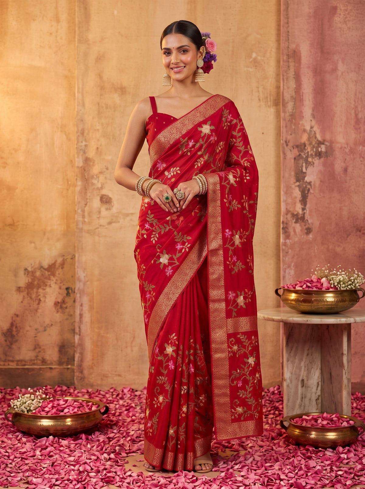 MIMOSA Red Jaipur Saree — pose 10 styling detail