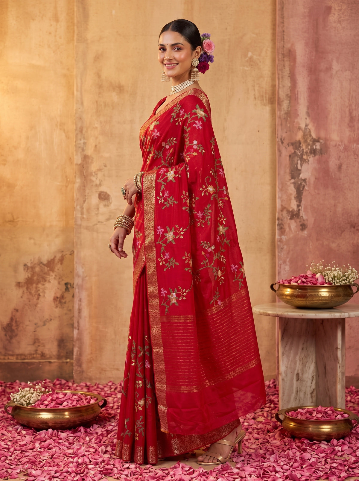 MIMOSA Red Jaipur Saree — pose 5 styling detail