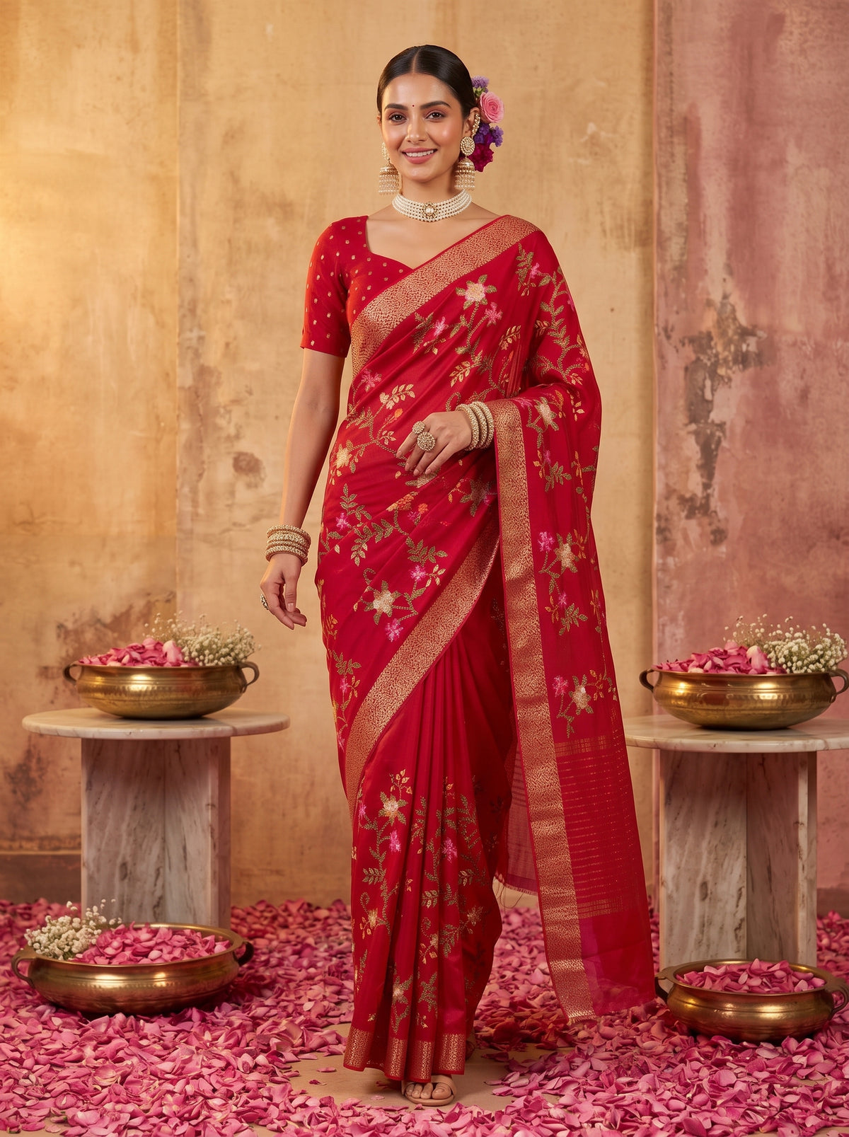 MIMOSA Red Jaipur Saree — pose 6 styling detail