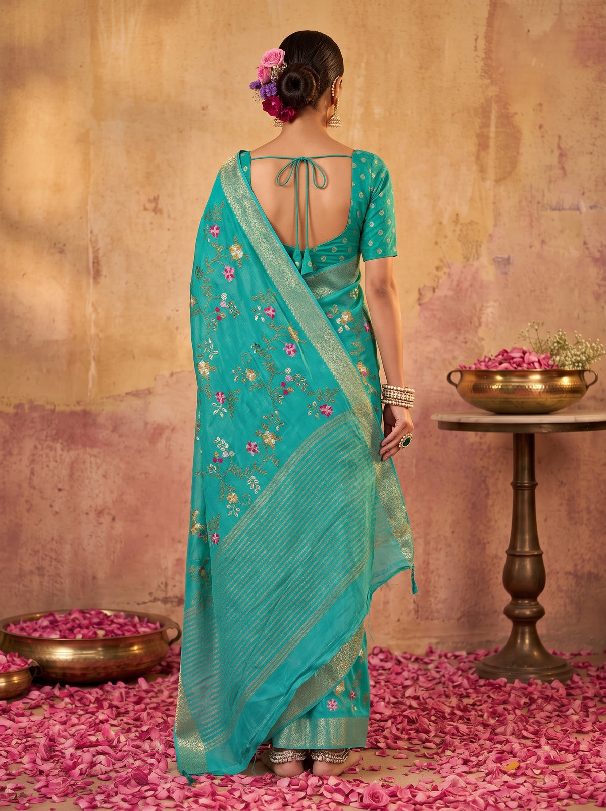 MIMOSA Rama Jaipur Pure Viscose Chiffon Saree — Saree shot pallu + body