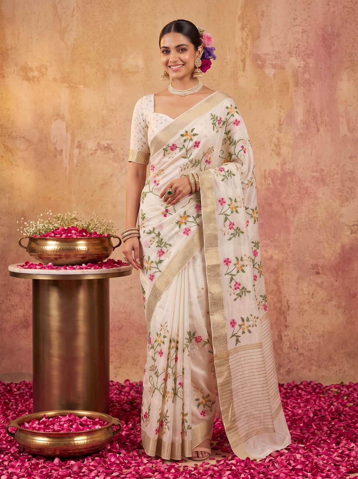 MIMOSA White Jaipur Pure Viscose Chiffon Saree — AI Model lifestyle