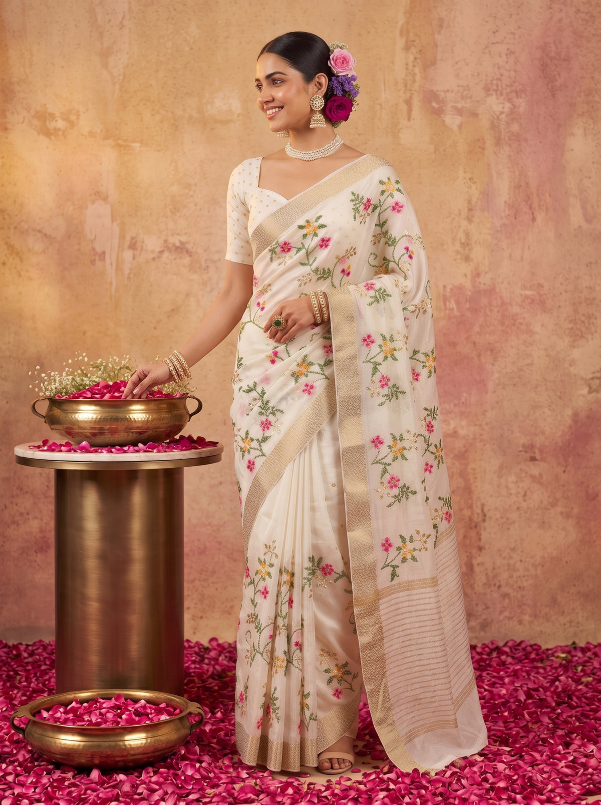 MIMOSA White Jaipur Saree — pose 5 styling detail