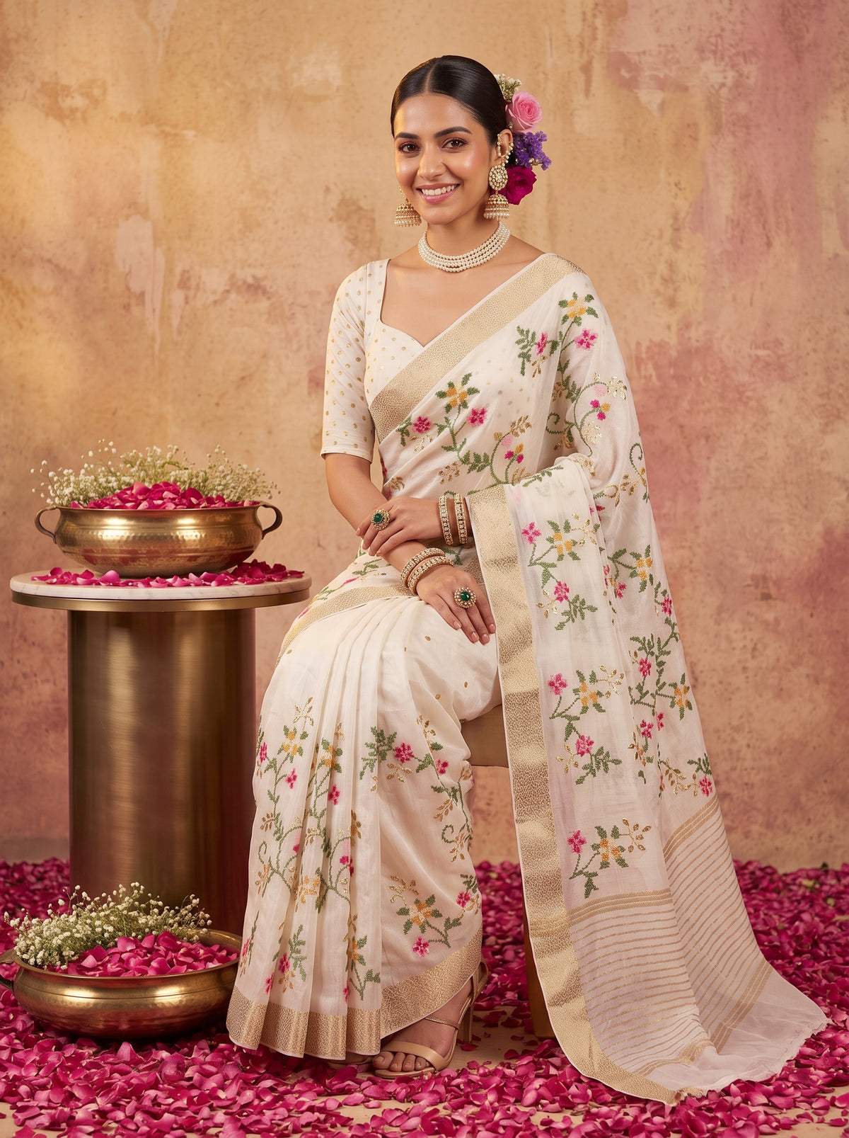 MIMOSA White Jaipur Saree — pose 8 styling detail