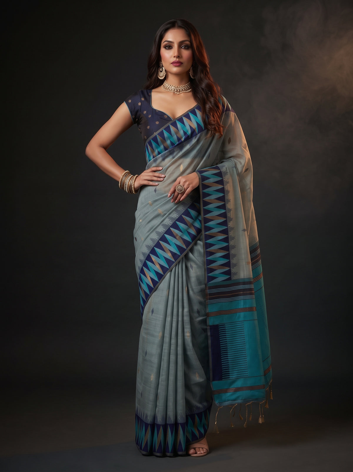 MIMOSA Blue Banarasi Cotton Saree — pose 4 styling detail