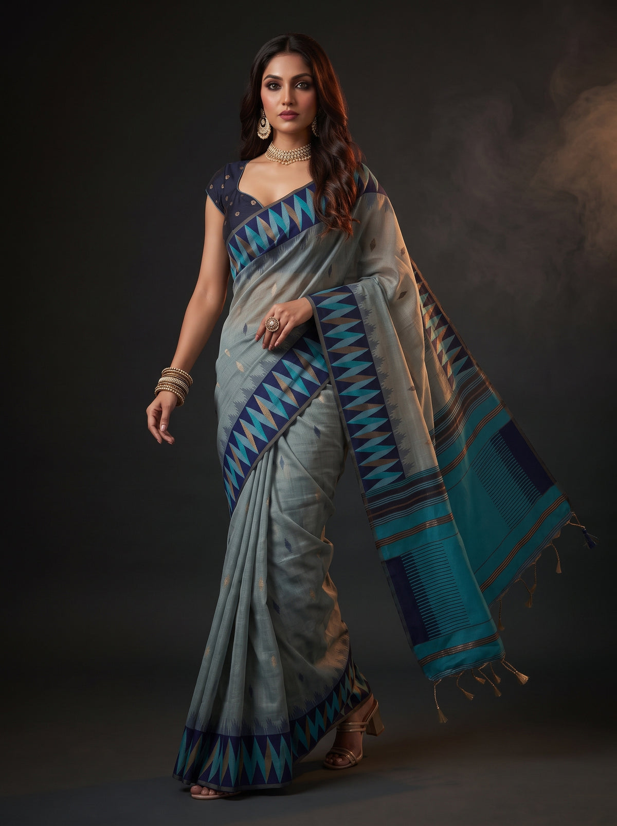 MIMOSA Blue Banarasi Cotton Saree — pose 6 styling detail