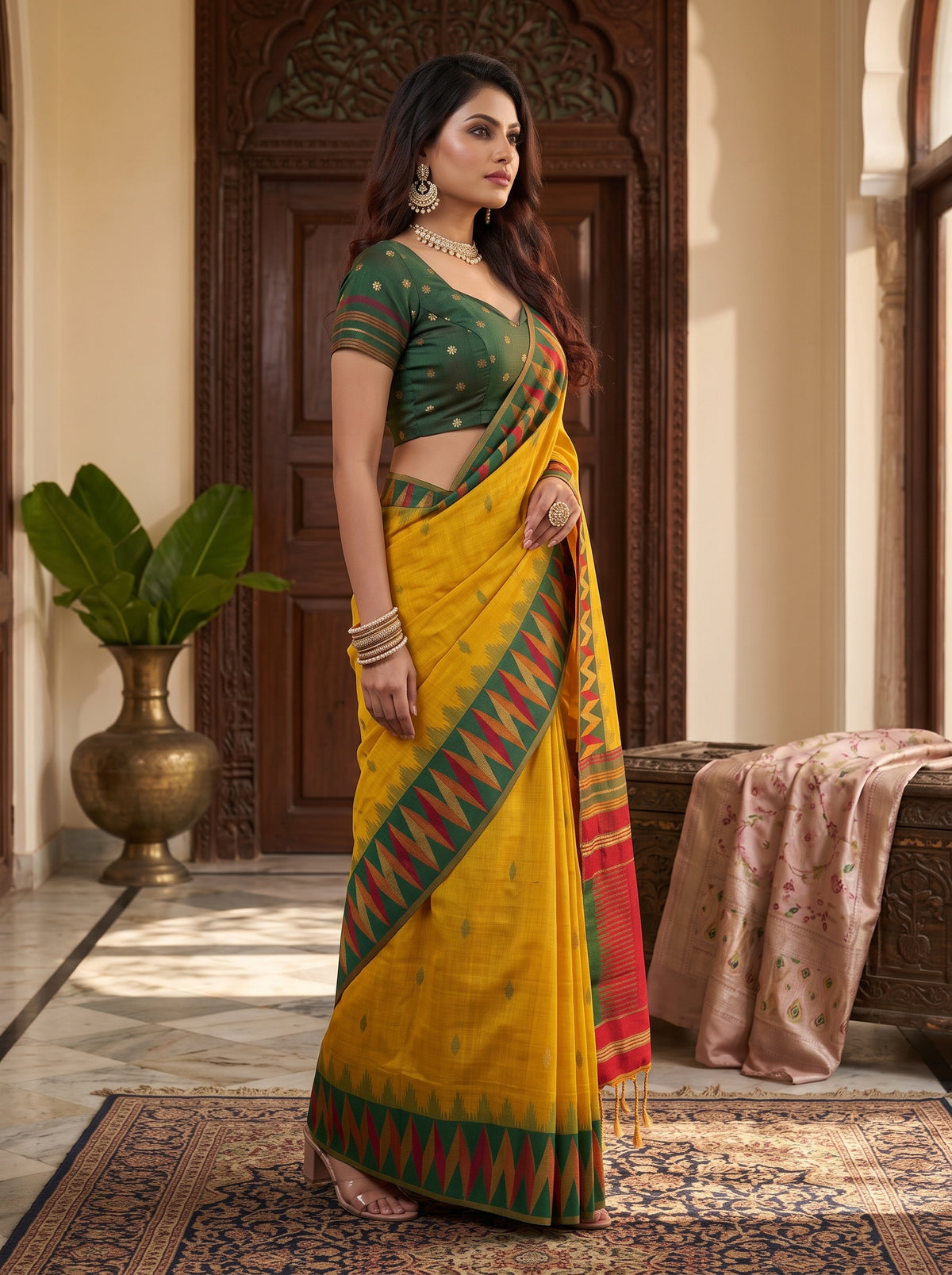 MIMOSA Mustard Banarasi Cotton Saree — pose 3 styling detail