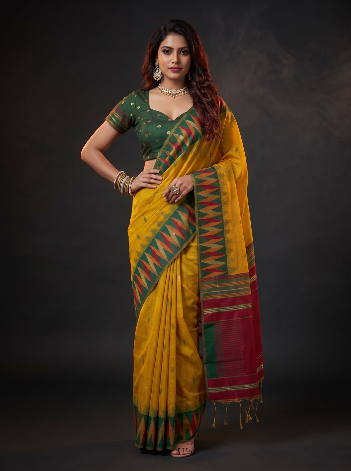MIMOSA Mustard Banarasi Cotton Saree — pose 4 styling detail