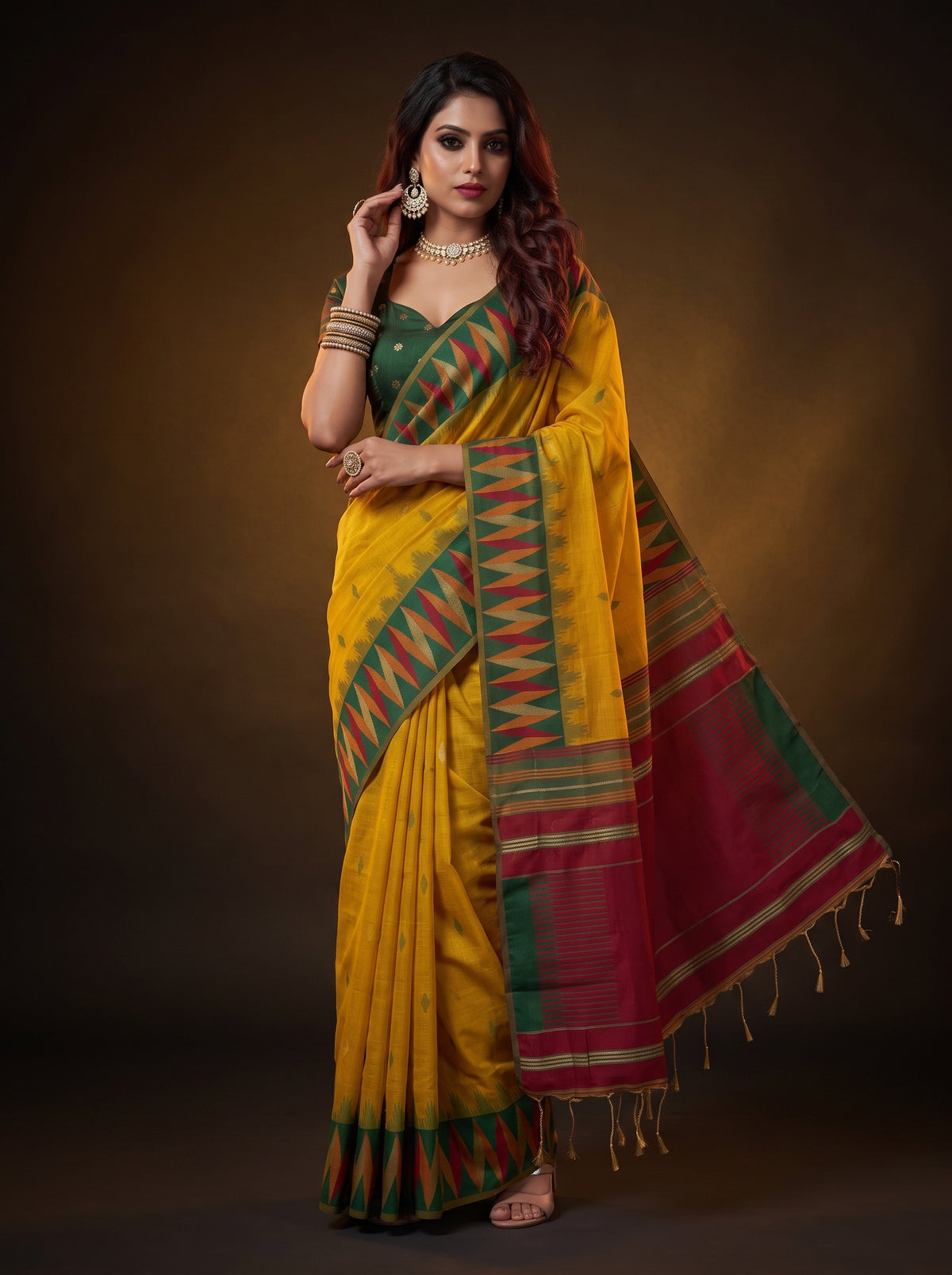 MIMOSA Mustard Banarasi Cotton Saree — pose 5 styling detail