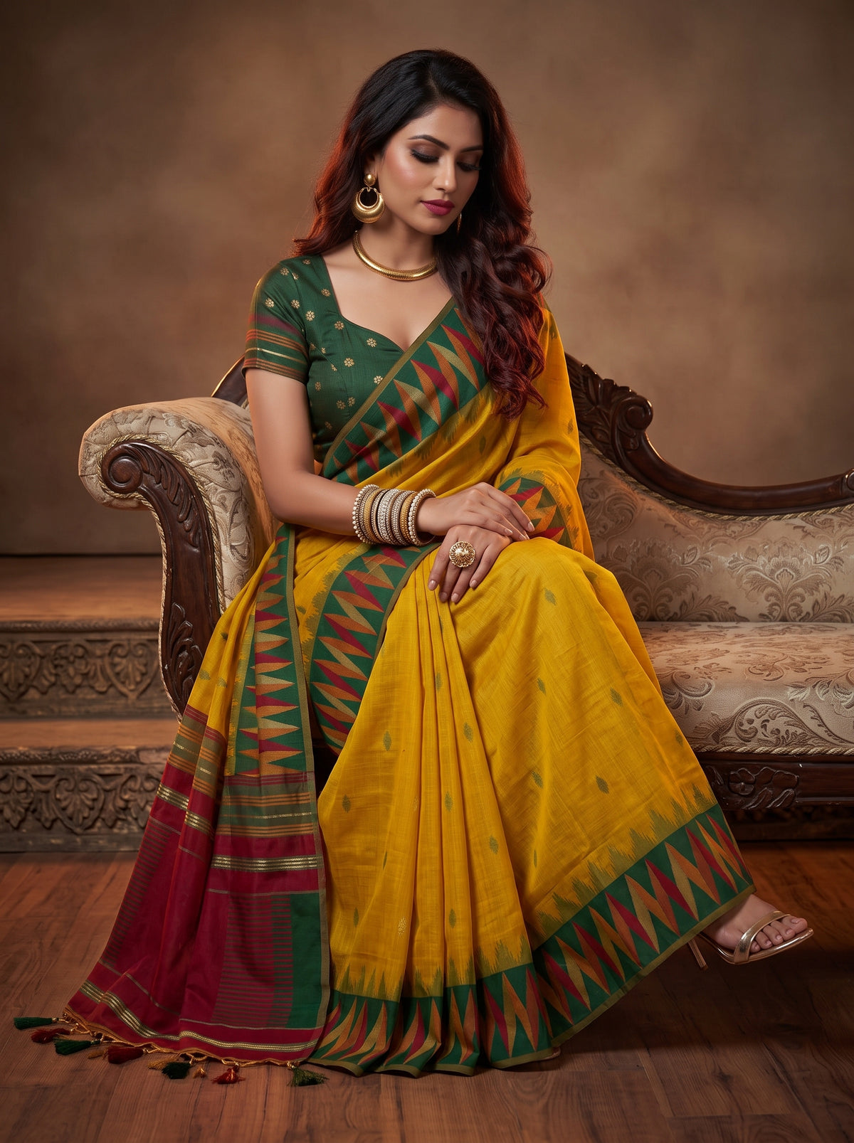 MIMOSA Mustard Banarasi Cotton Saree — pose 8 styling detail