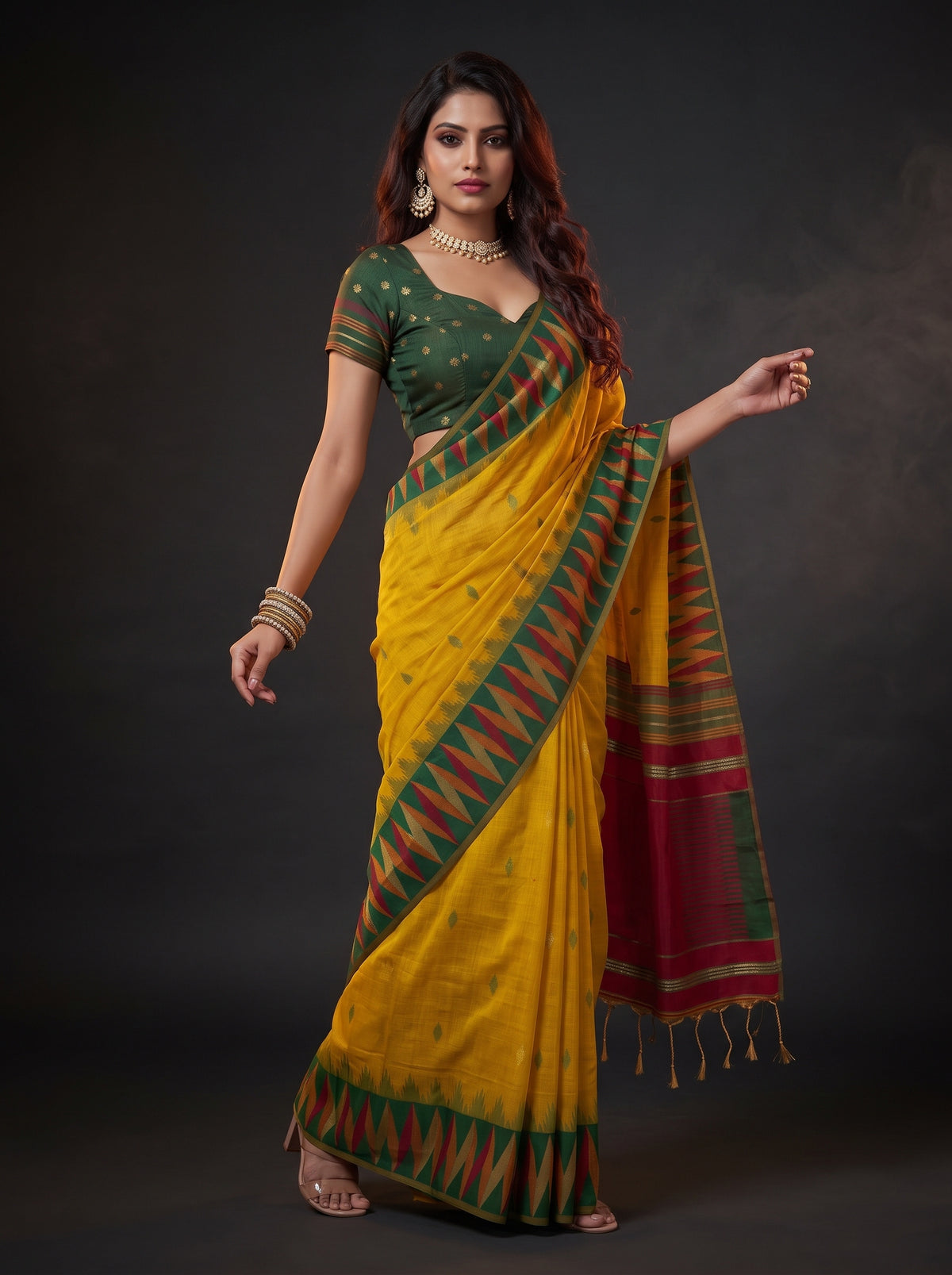 MIMOSA Mustard Banarasi Cotton Saree — pose 9 styling detail