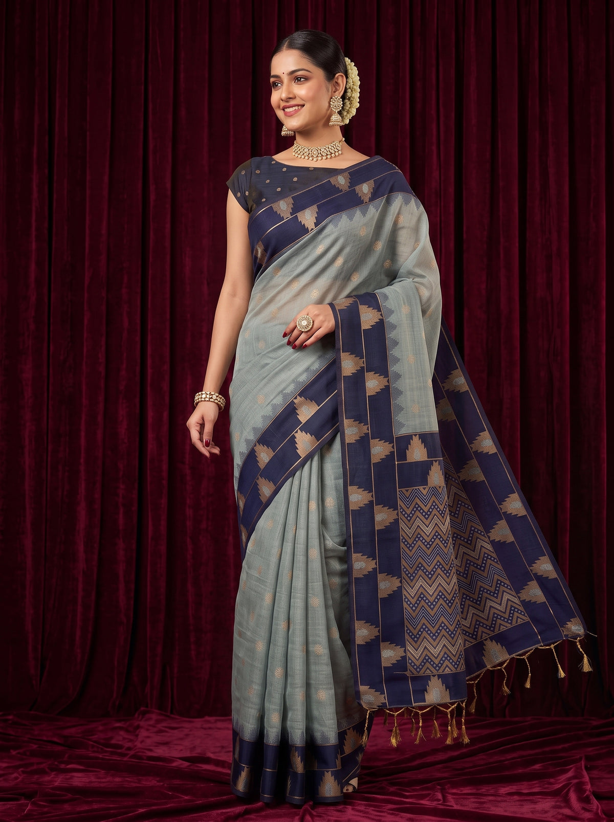 MIMOSA Grey Banarasi Saree — pose 5 styling detail
