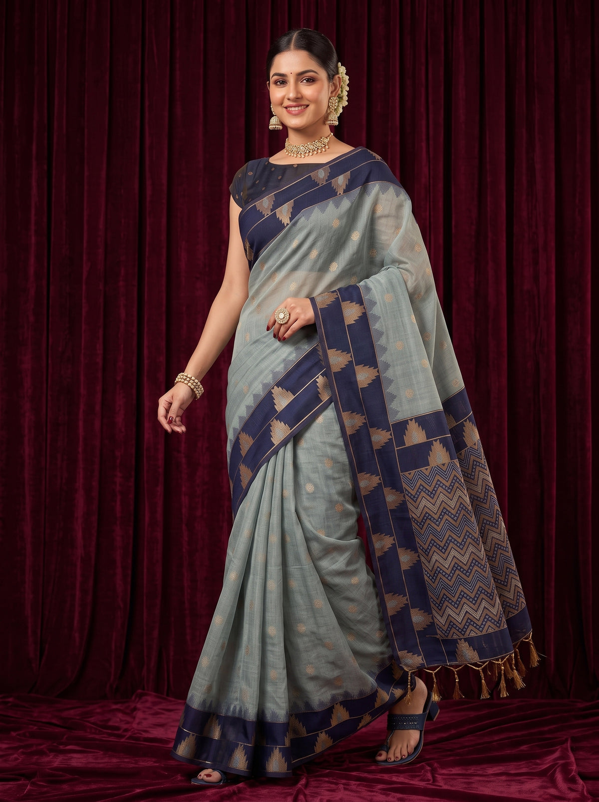 MIMOSA Grey Banarasi Saree — pose 6 styling detail
