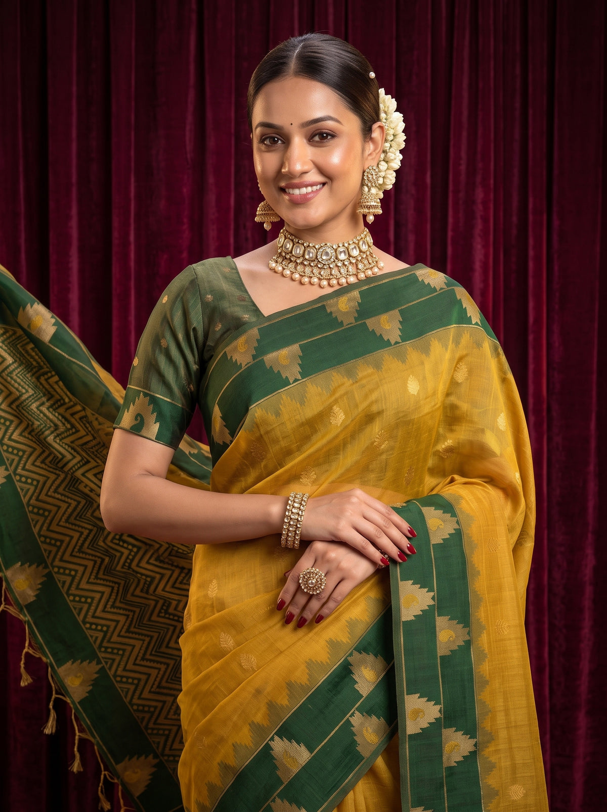 MIMOSA Mustard Banarasi Saree — pose 10 styling detail