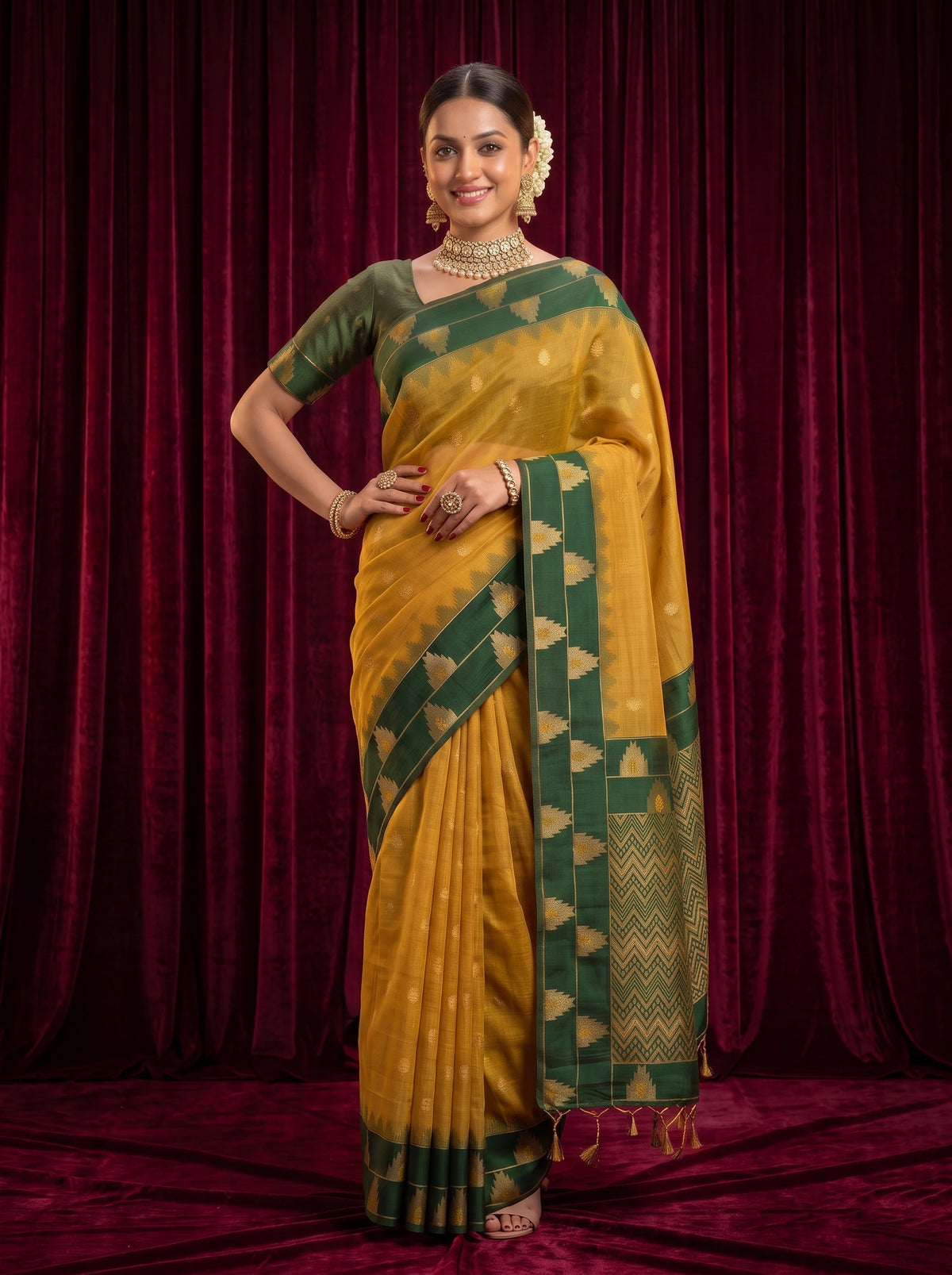 MIMOSA Mustard Banarasi Saree — pose 4 styling detail