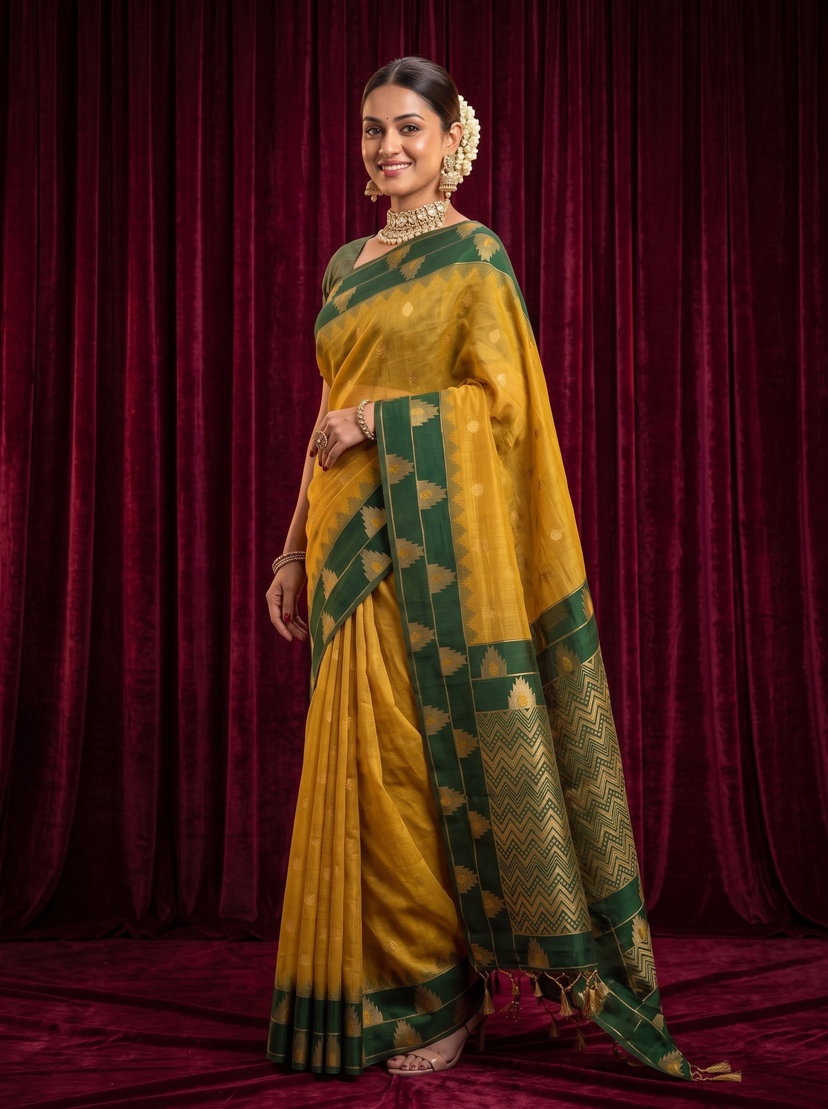 MIMOSA Mustard Banarasi Saree — pose 5 styling detail