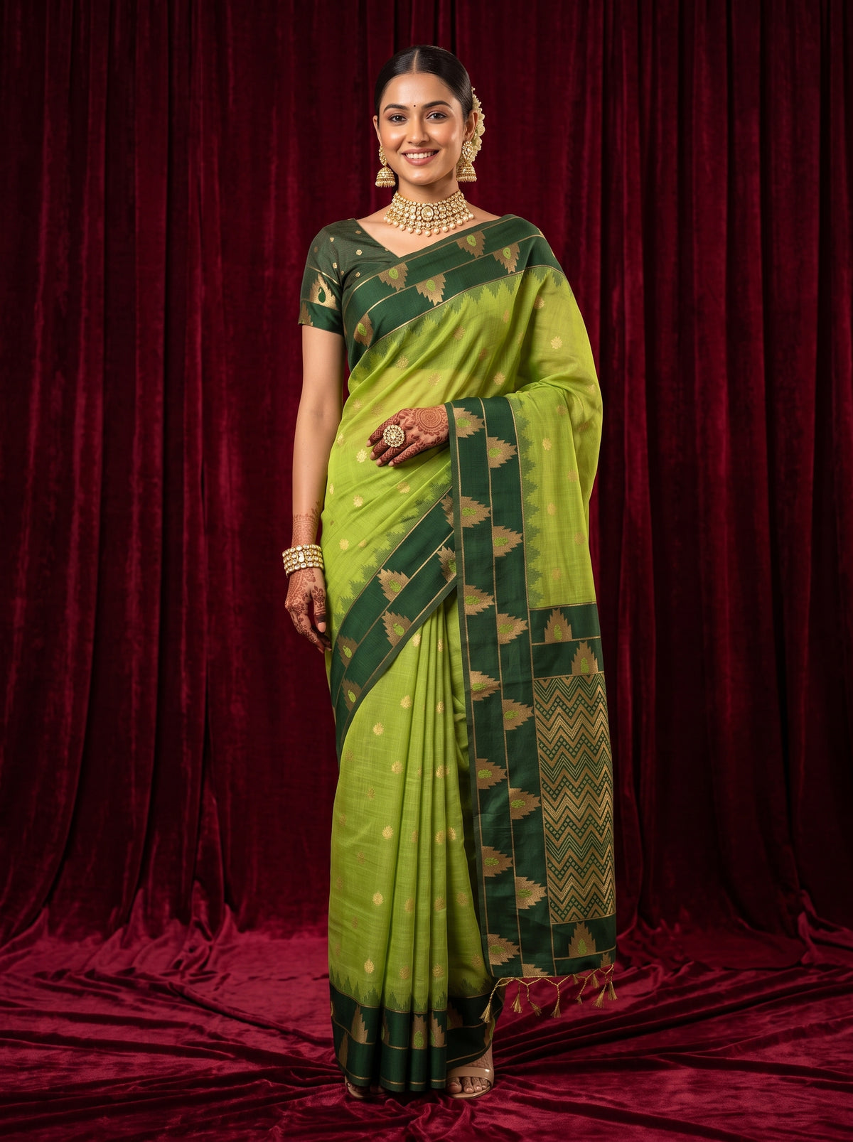 MIMOSA Parrot Green Banarasi Cotton Saree — AI Model lifestyle pose